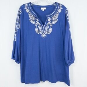 J Jill‎ Embroidered 3/4 Sleeve Tunic Top Petite Large Blue Boho Coastal Beach